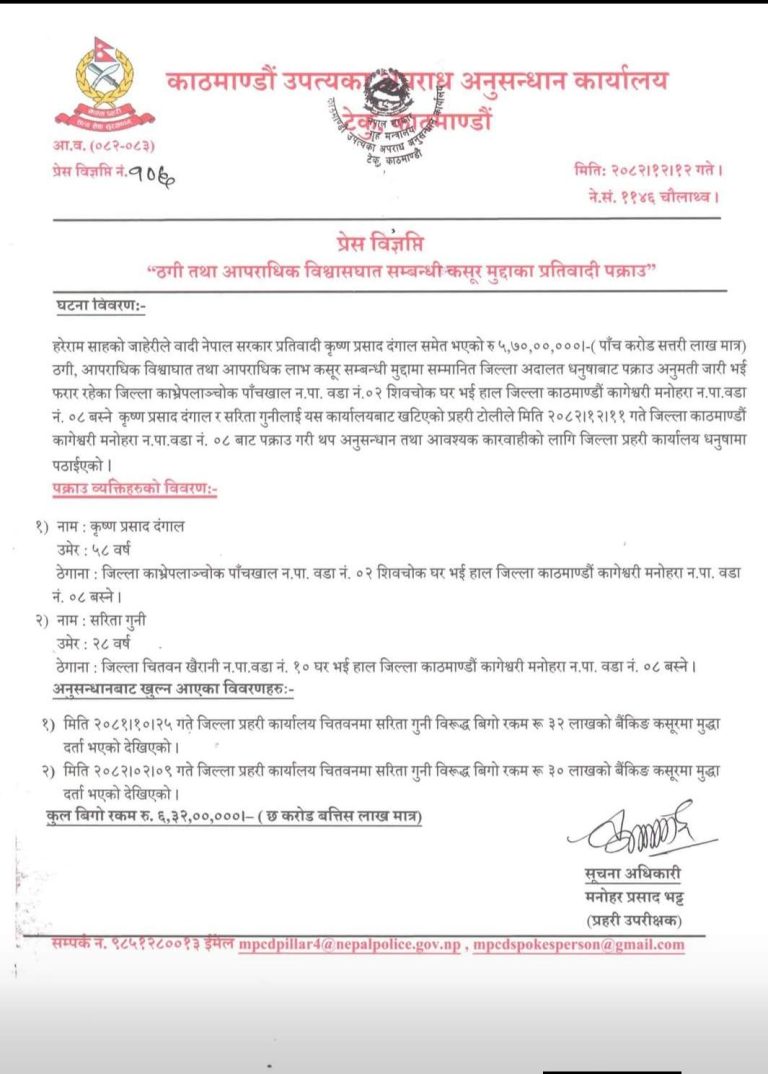 ठगी तथा आपराधिक विश्वासघात मुद्दाका प्रतिवादी पक्राउ